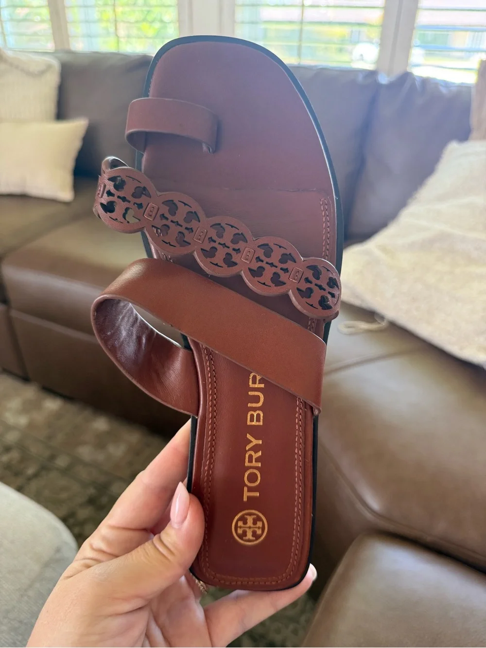 Tory Burch Tiny Miller leather toe-ring slides in tan/ brown color